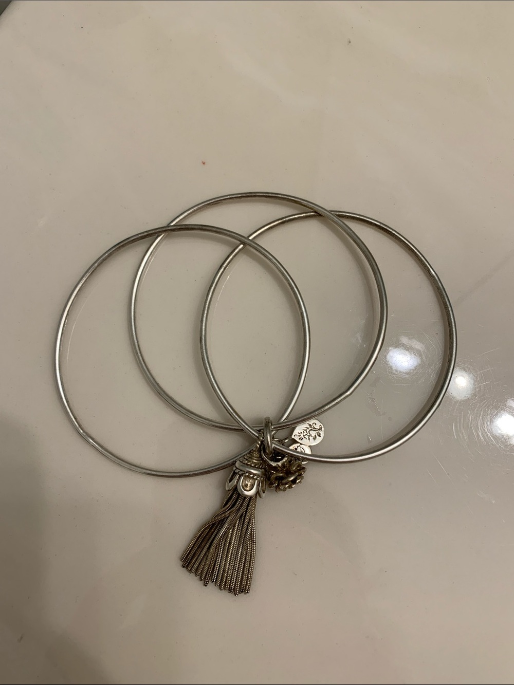 Silver Tassel Charm Bangle Bracelet Set - Women